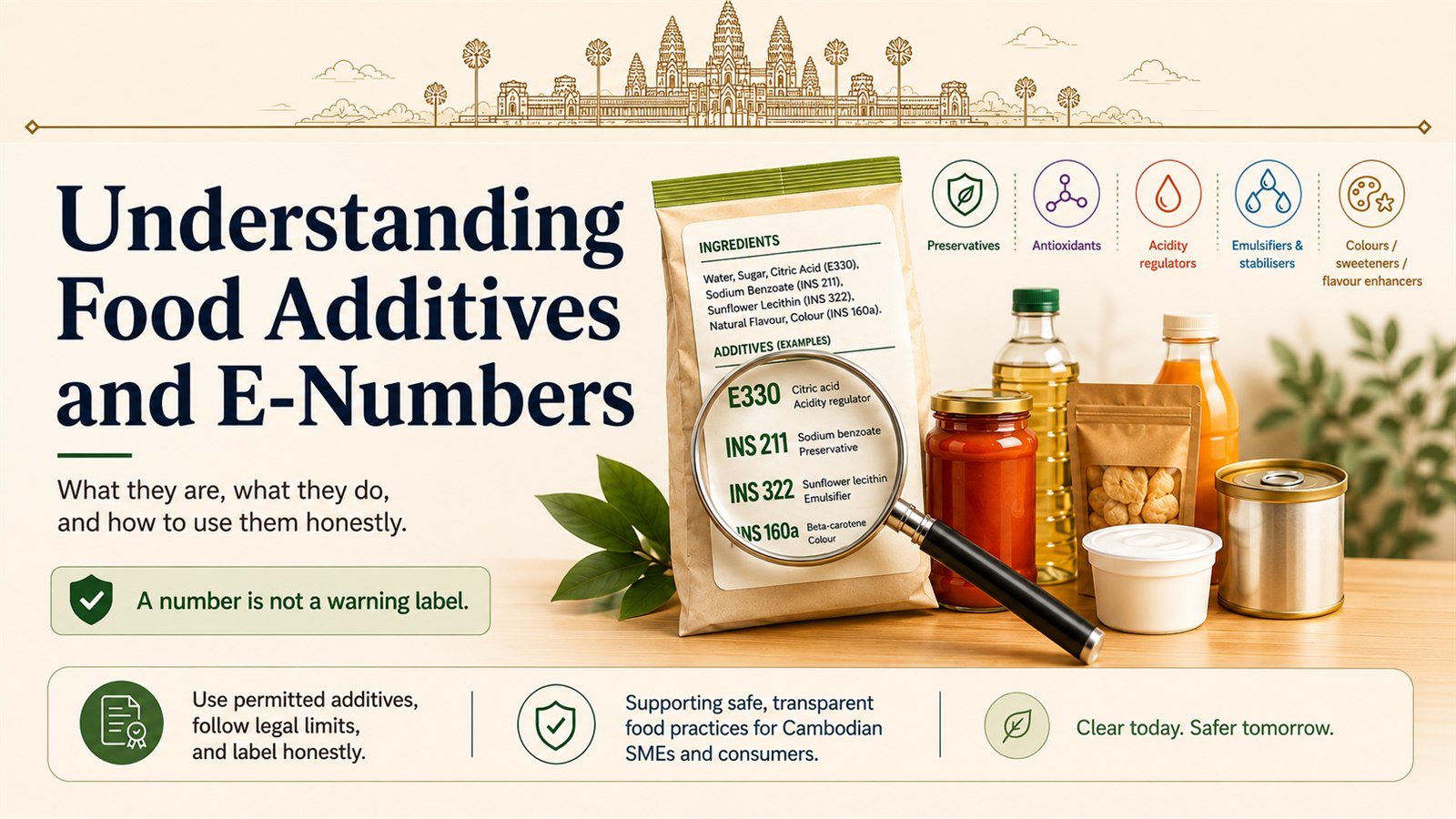 Ingredient label under a magnifying glass showing additive codes E330, INS 211, INS 322 and INS 160a, with the five additive families and an Angkor skyline