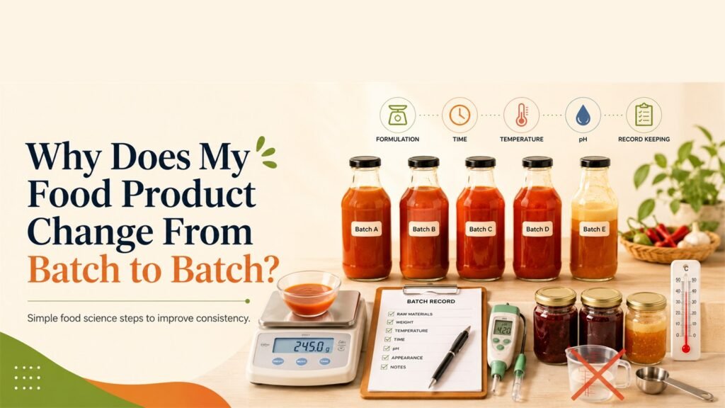 Why does my food product change from batch to batch — five sauce batches A to E with a scale, batch record, pH meter and thermometer