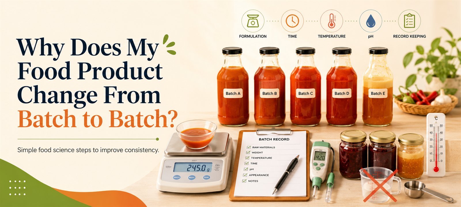 Five bottles of sauce labelled Batch A to E beside a scale, batch record, pH meter and thermometer — batch-to-batch consistency in food production