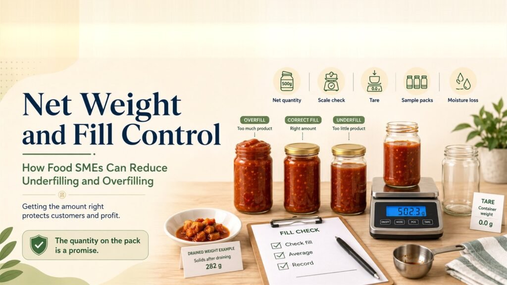 Net weight and fill control — overfill, correct fill and underfill jars beside a scale reading 502.3 g, a fill-check list, tare card and drained-weight example