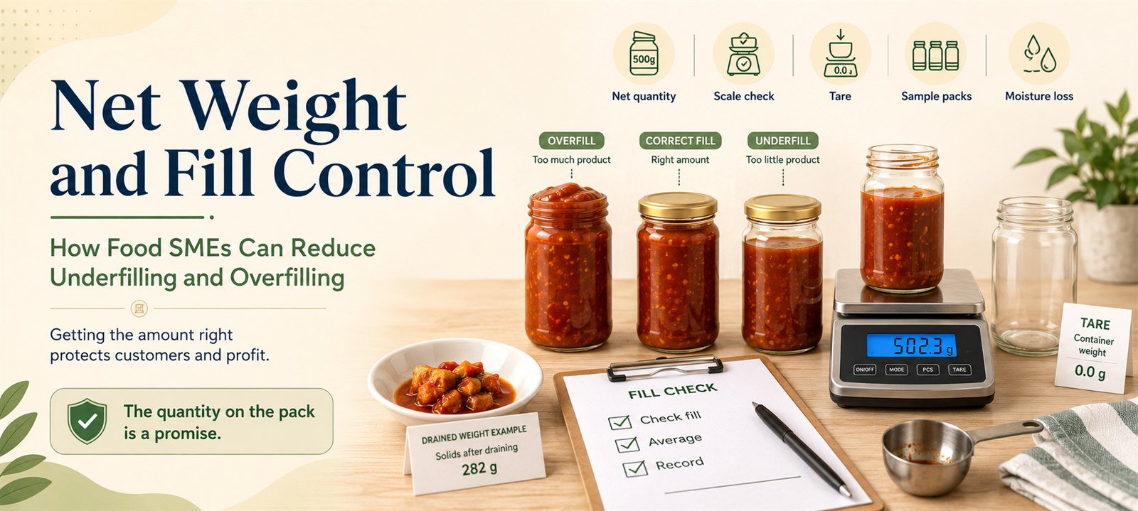 Net weight and fill control — overfill, correct fill and underfill jars beside a scale reading 502.3 g, a fill-check list, tare card and drained-weight example