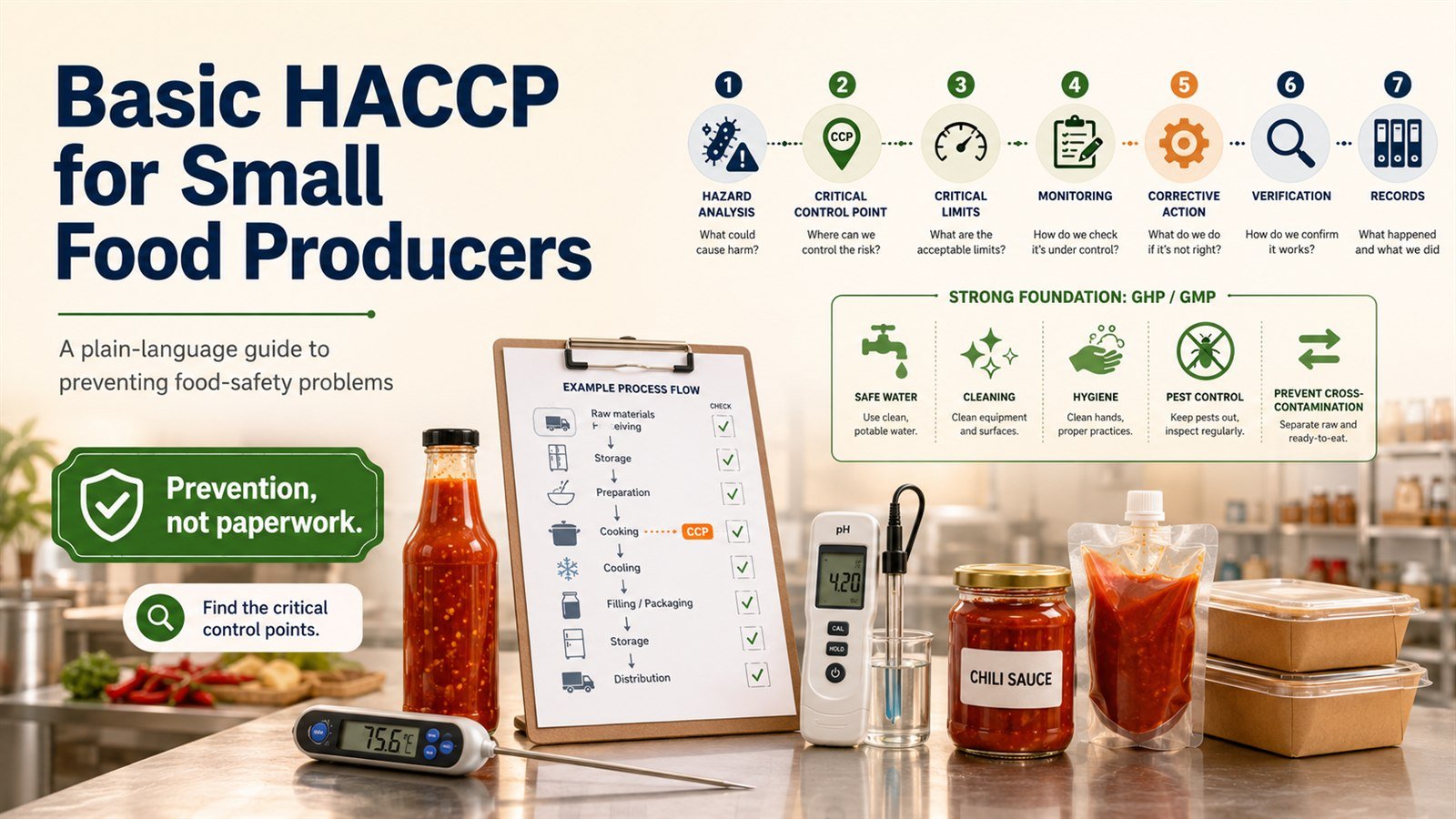 Basic HACCP for small food producers — the seven principles, GHP/GMP foundation, an example process flow with a critical control point at cooking, plus a chilli sauce, pH meter and thermometer