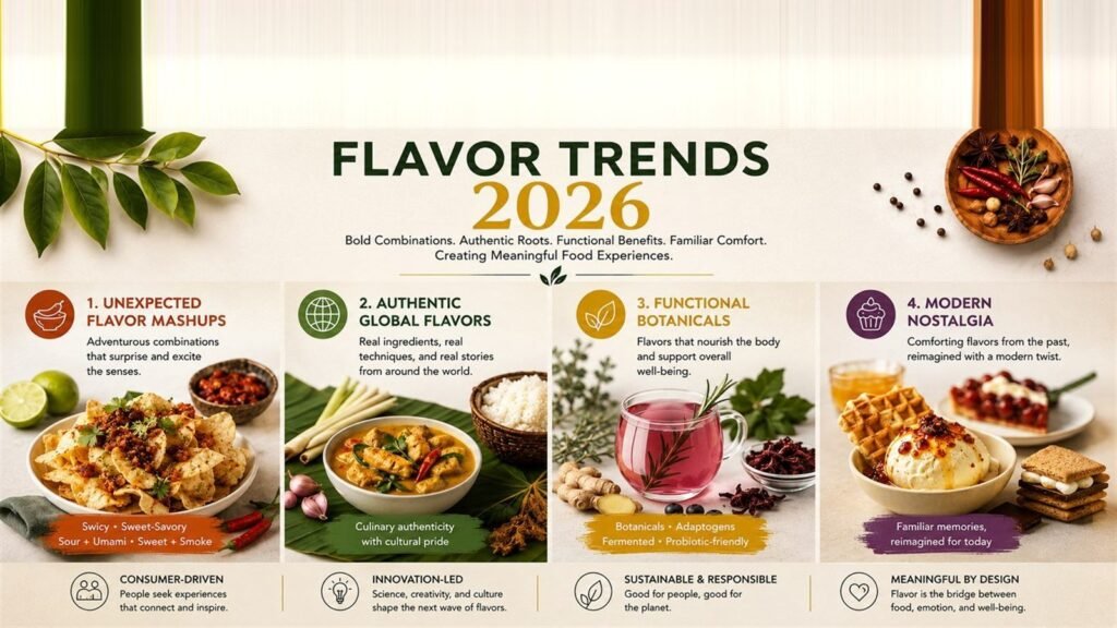 Cover graphic for Flavor Trends 2026 showing four labelled trend panels: unexpected flavour mashups, authentic global flavours, functional botanicals and modern nostalgia, illustrated with curry, herbal tea, spices and desserts.