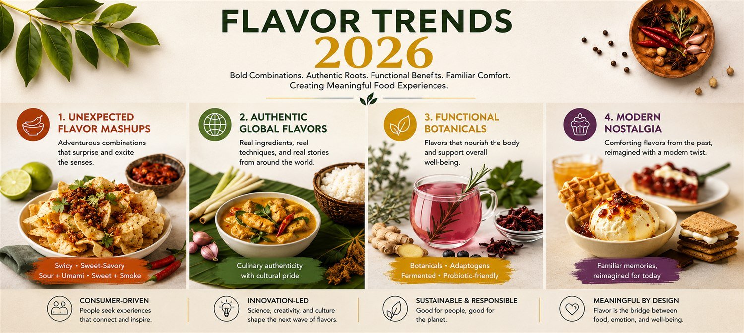 Flavor Trends 2026 infographic: 1) Unexpected Flavor Mashups (swicy, sweet-savory, sour+umami, sweet+smoke); 2) Authentic Global Flavors; 3) Functional Botanicals (adaptogens, fermented, probiotic-friendly); 4) Modern Nostalgia