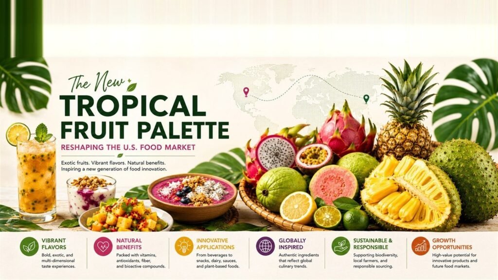 Cover graphic for The New Tropical Fruit Palette: dragon fruit, pineapple, guava, jackfruit, passion fruit and citrus arranged with a smoothie bowl and yoghurt, above six labelled themes including vibrant flavours, natural benefits and sustainable sourcing.