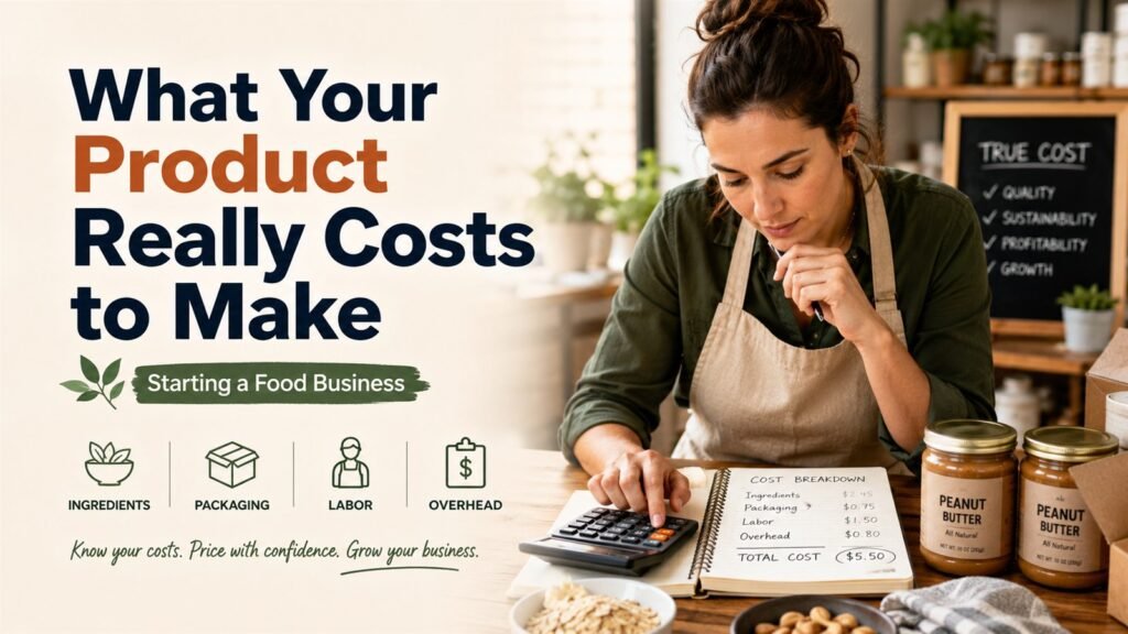 A small food producer works out a cost breakdown with a calculator and notebook, beside jars of finished product