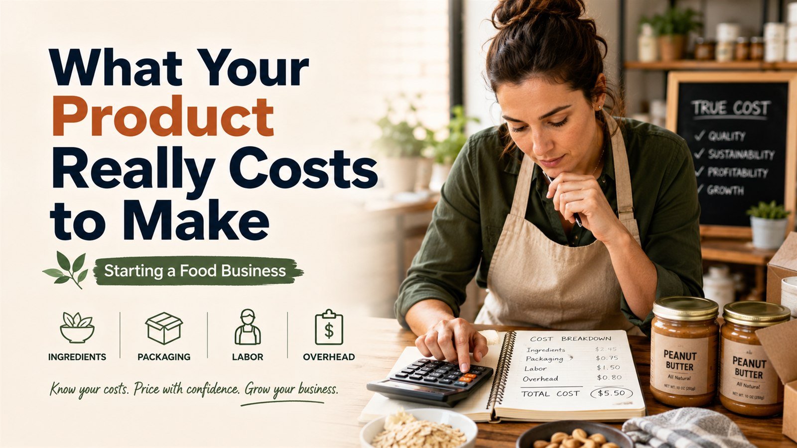 A small food producer works out a cost breakdown with a calculator and notebook, beside jars of finished product